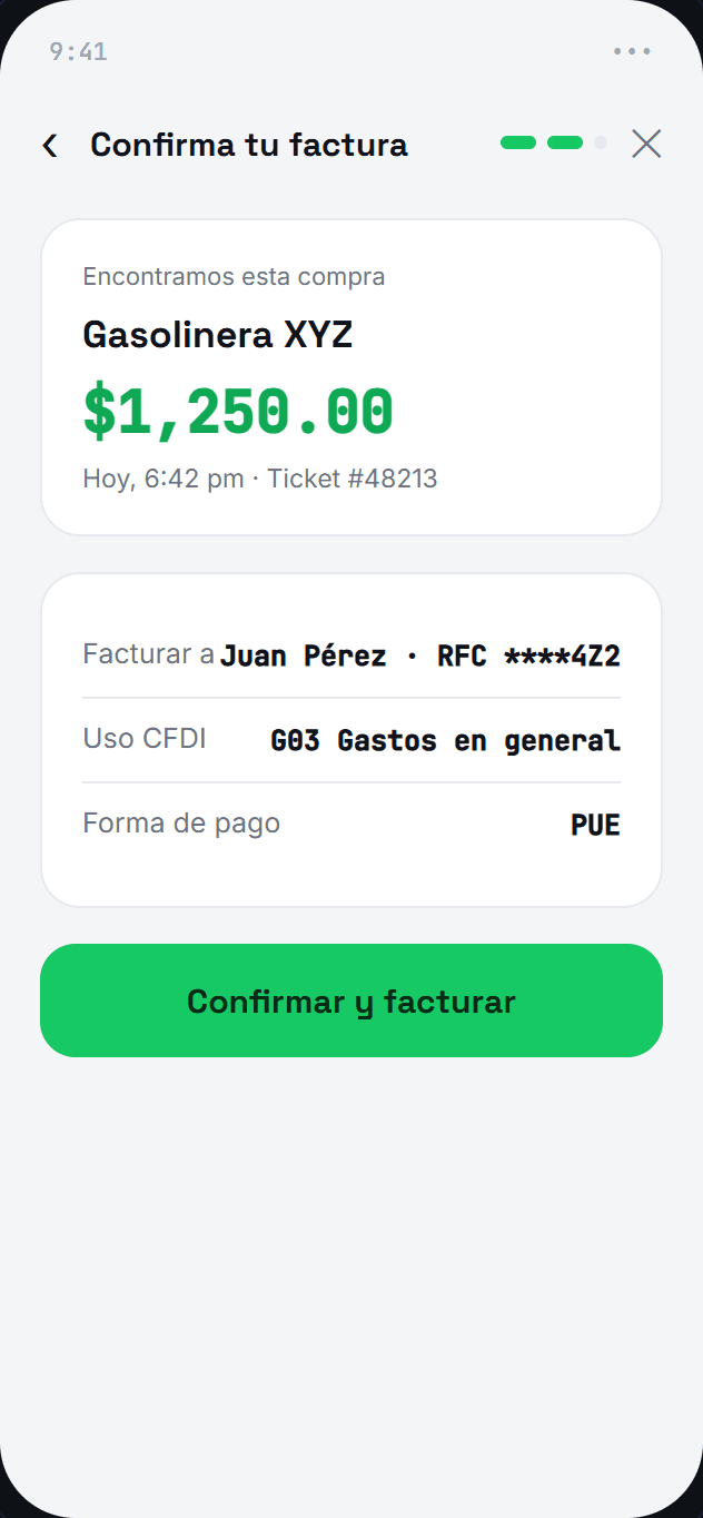Pantalla existente de TIMGO: Confirma tu factura. Prototipo con datos de ejemplo.