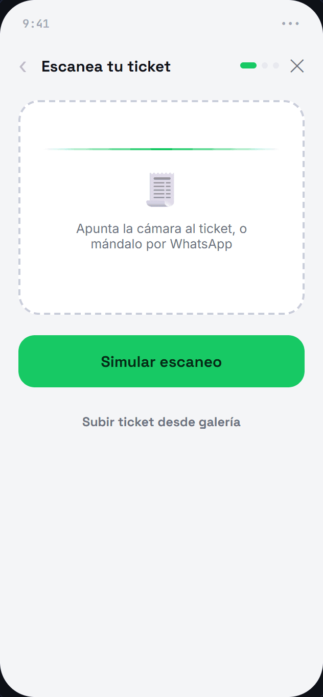 Pantalla existente de TIMGO: Escanea tu ticket. Prototipo con datos de ejemplo.